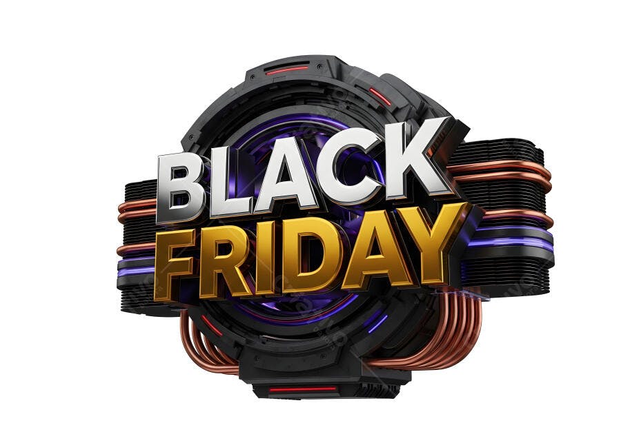 Black Friday logo 3D prateado e dourado com fundo tecnológico escuro e luzes neon