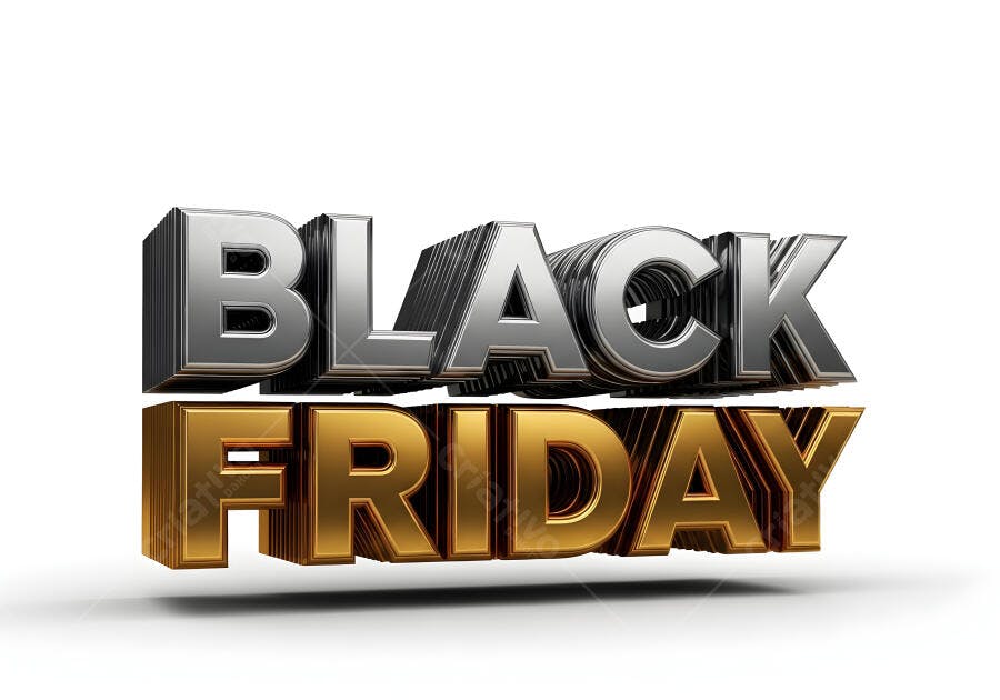 Texto 3D Black Friday metálico prata e dourado em fundo branco