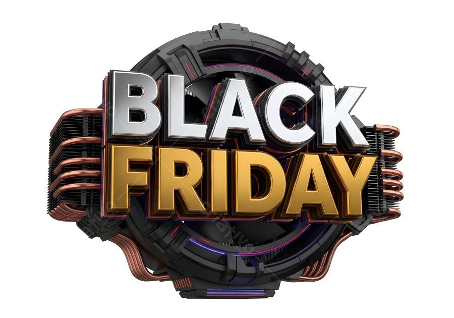 Black Friday logo 3D metálico futurista com fundo tecnológico em preto e dourado