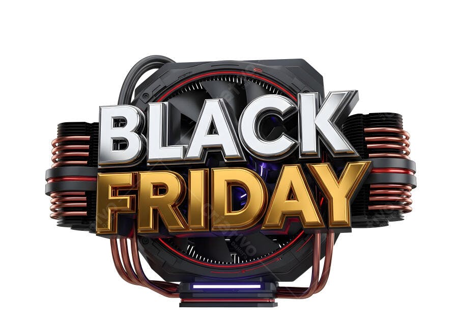 Black Friday texto 3D metálico com elementos de hardware tecnologia