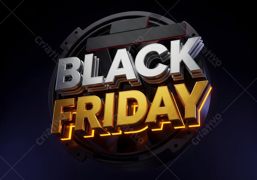 Letras 3D Black Friday douradas e prateadas em fundo escuro promocional