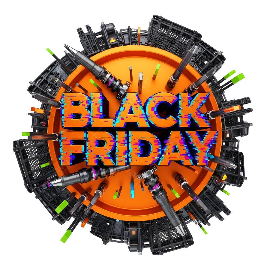 Black Friday texto 3D em laranja com efeito glitch e elementos tecnológicos futuristas