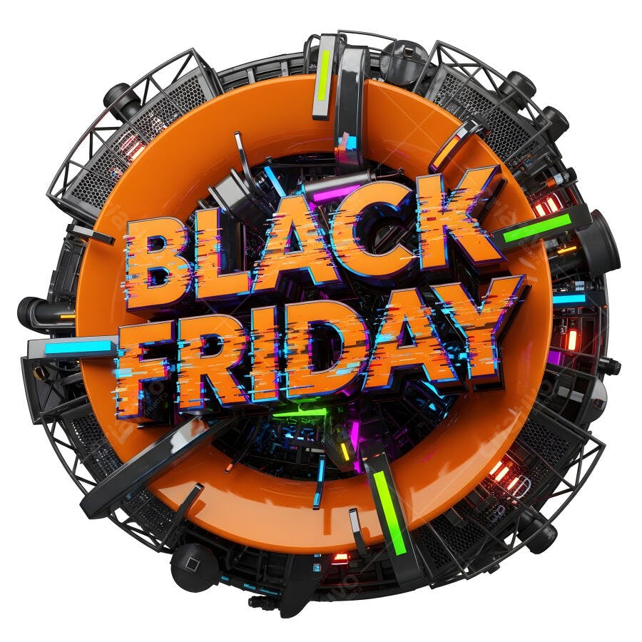 Black Friday 3D com efeito digital glitch e luzes neon vibrantes