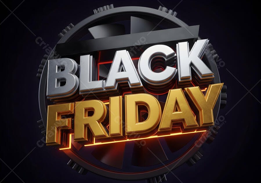 Black Friday texto 3D metálico dourado e prata com neon em fundo escuro