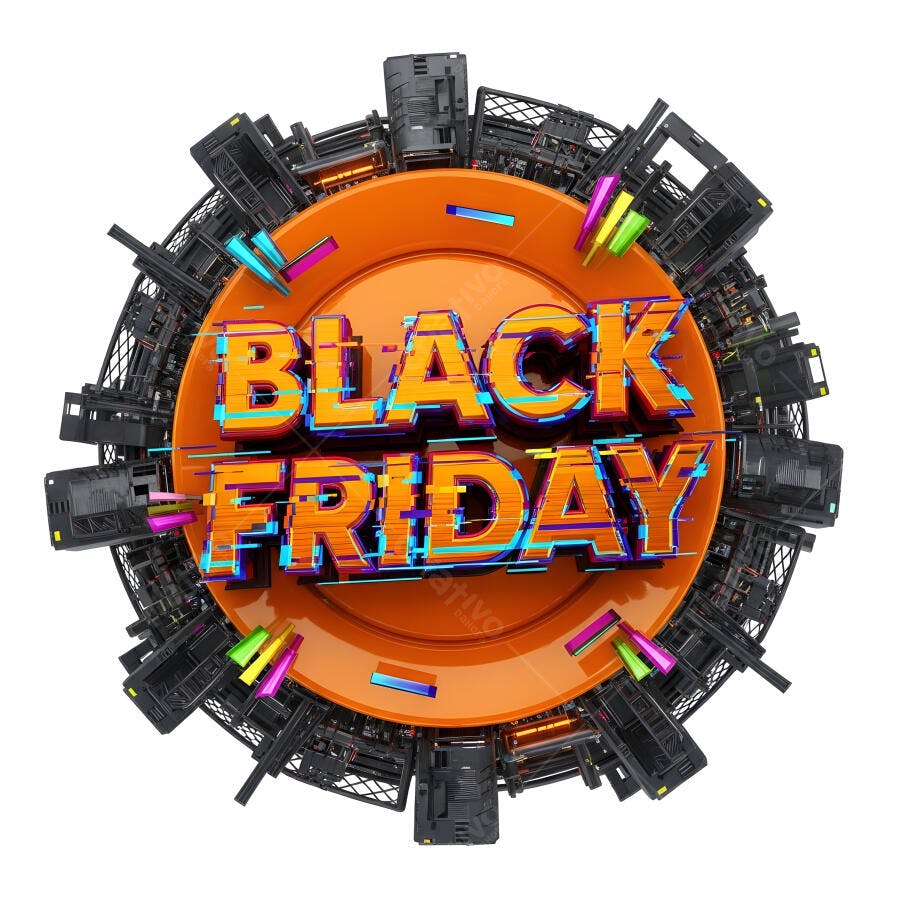 Black Friday design 3D com efeito glitch e fundo tecnológico vibrante