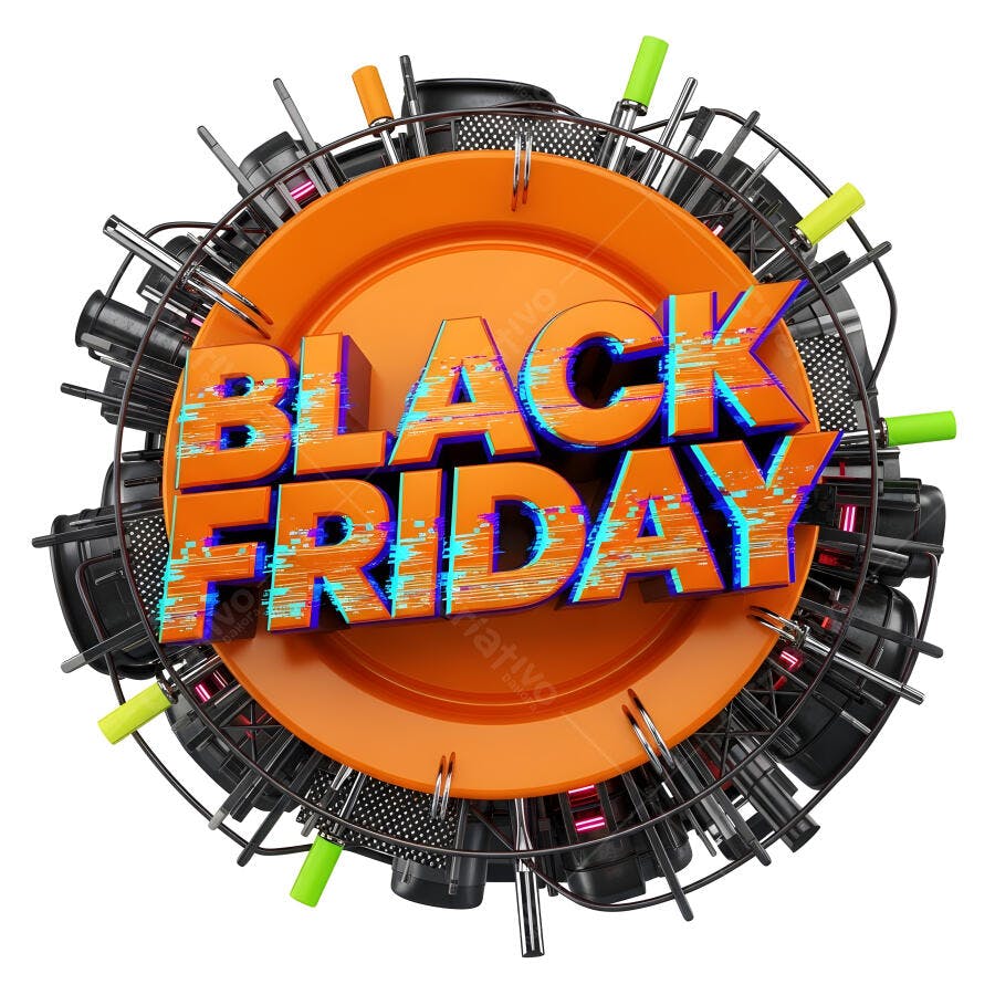 Black Friday texto 3D laranja azul em estrutura tecnológica moderna