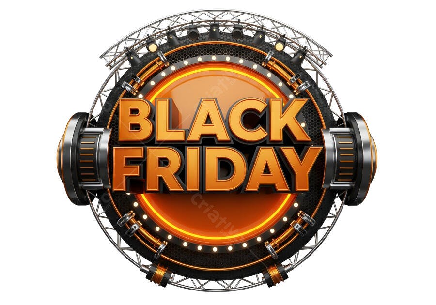 Black Friday logo 3D laranja e preto com estrutura metálica holofotes brilhantes