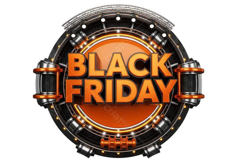 Black Friday logo 3D laranja e preto com luzes brilhantes promoção