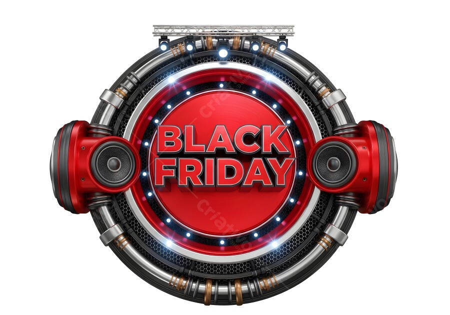 Black Friday banner 3D vermelho e preto com alto-falantes e luzes futuristas