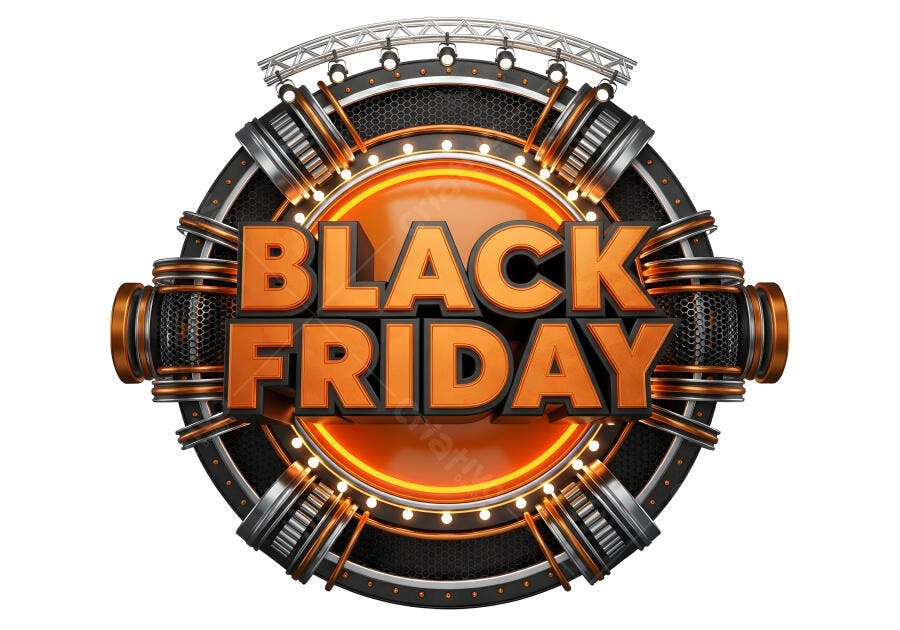 Black Friday letreiro 3D com luzes neon laranja e estrutura metálica preta
