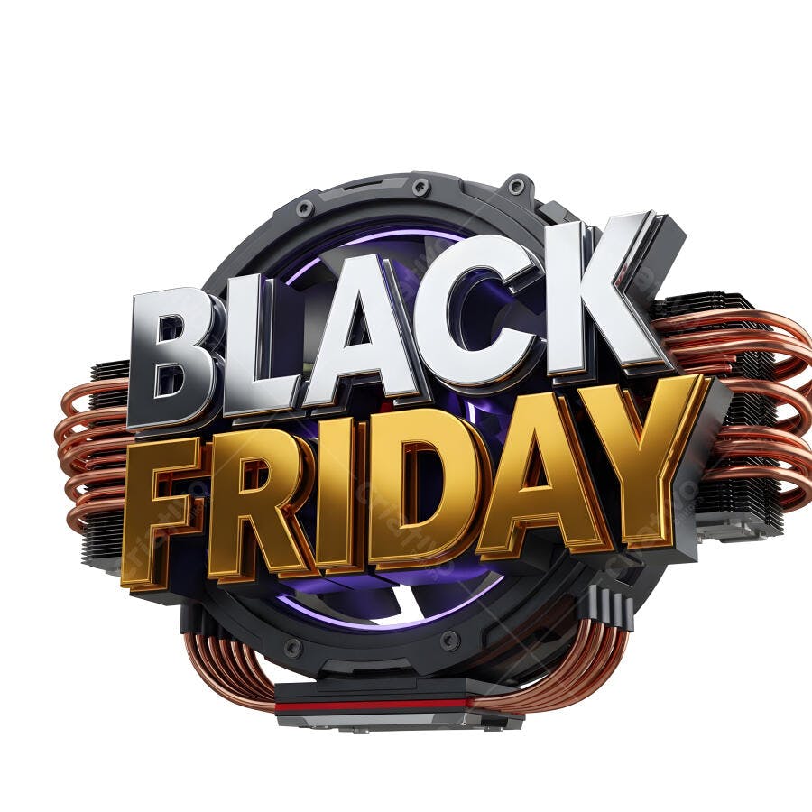Logo 3D Black Friday com letras douradas e prateadas sobre estrutura tecnológica roxa