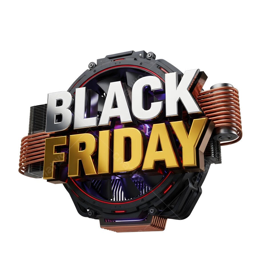 Black Friday letras douradas e prata tema tecnológico fundo branco promoção