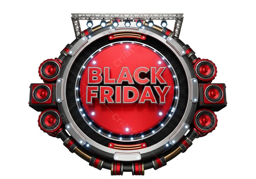 Black Friday banner 3D vermelho e preto com alto-falantes e luzes promocionais