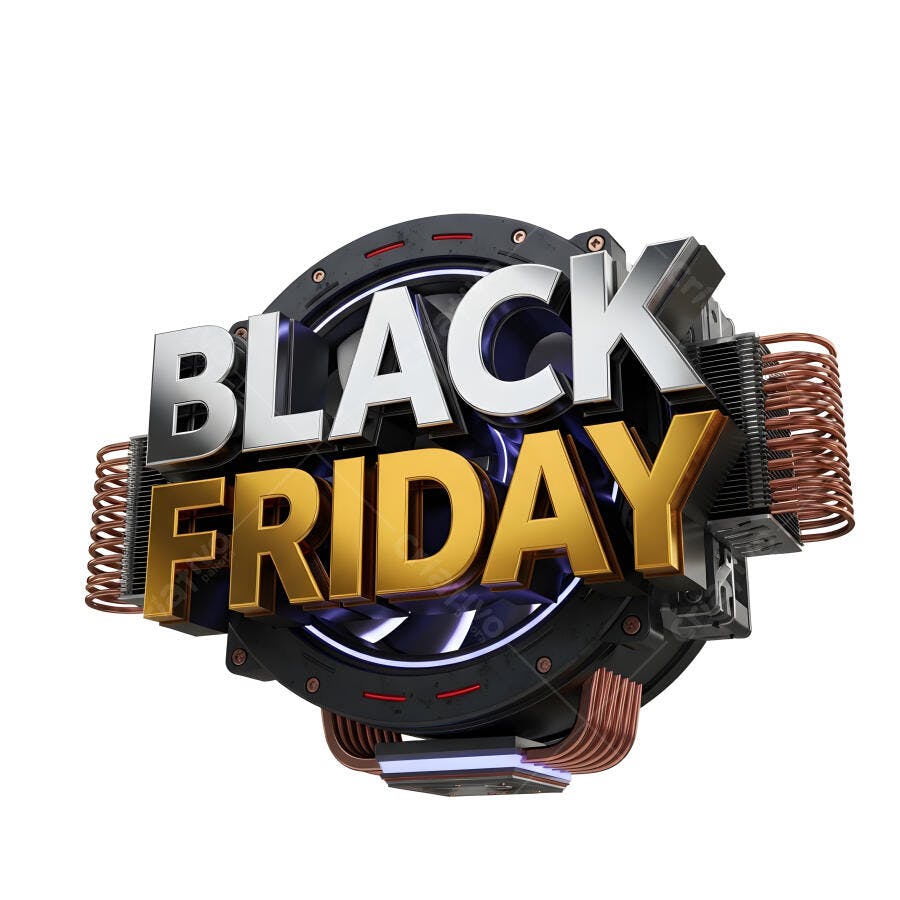 Black Friday letras 3D brancas douradas com detalhes tecnológicos