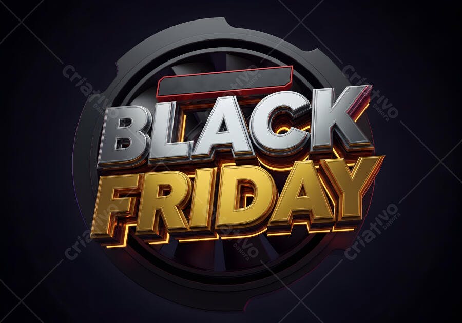 Black Friday 3D metalico dourado e prata em fundo escuro