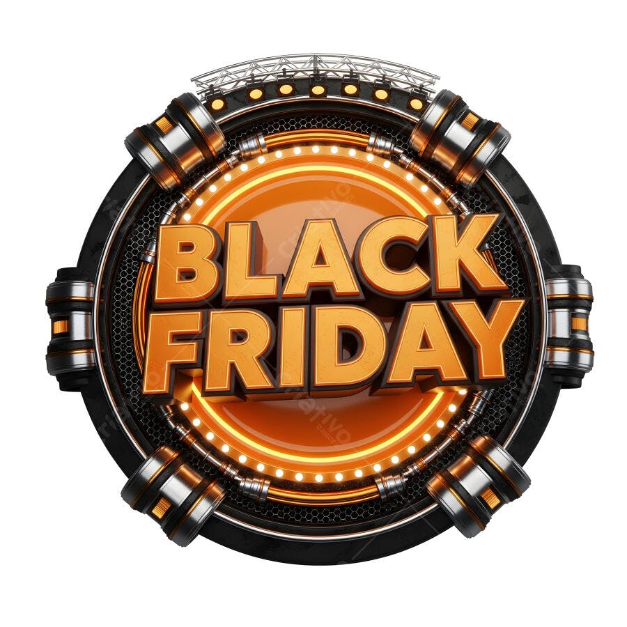 Sinal Black Friday 3D promocional com luzes neon e detalhes metálicos