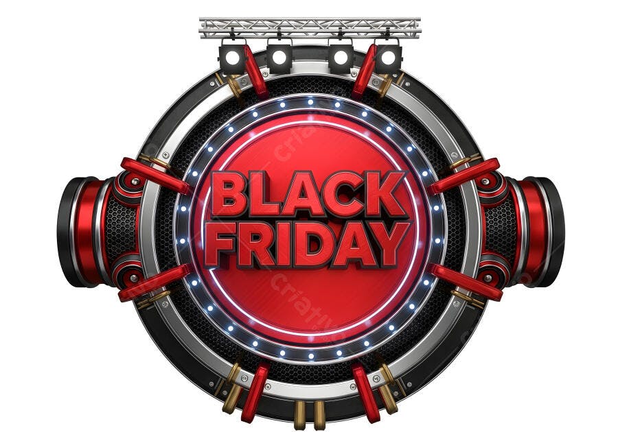 Banner Black Friday 3D com luzes neon e design metálico vermelho e preto vibrante