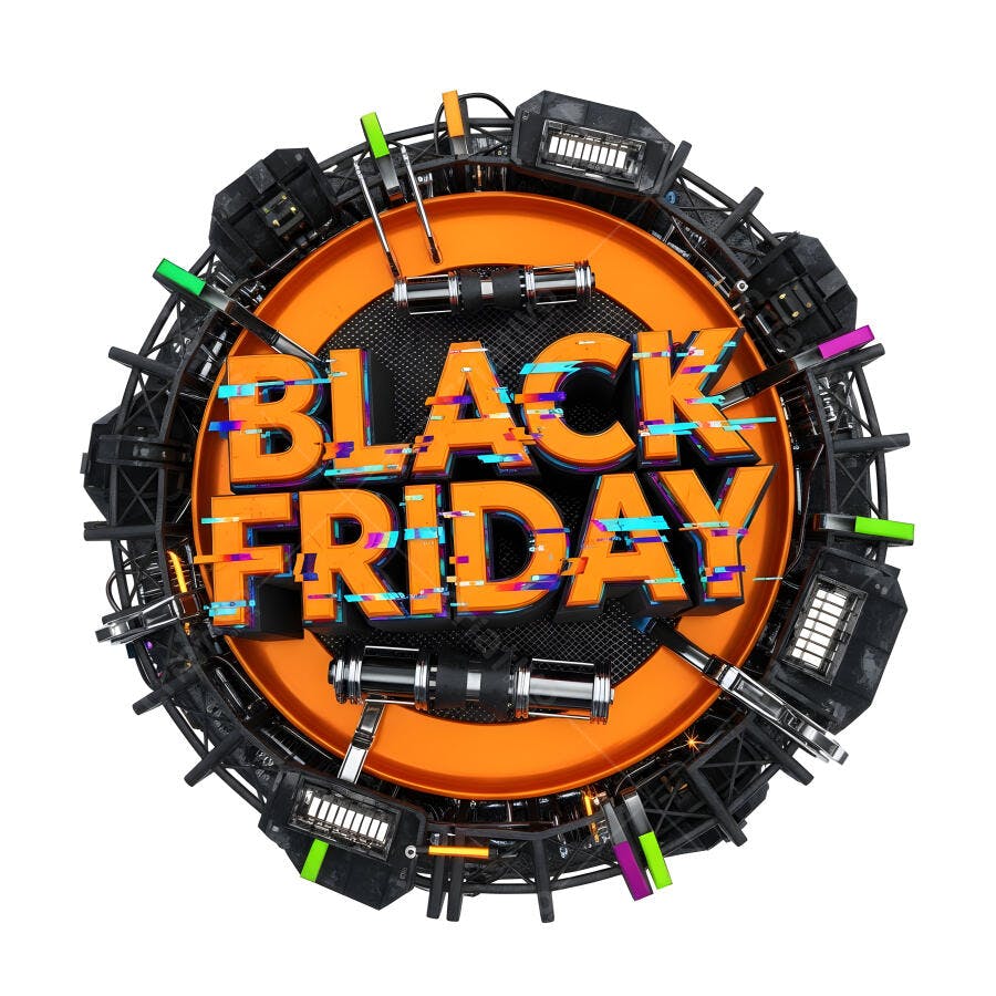 Black Friday 3D com falha digital em anel laranja e elementos tecnológicos