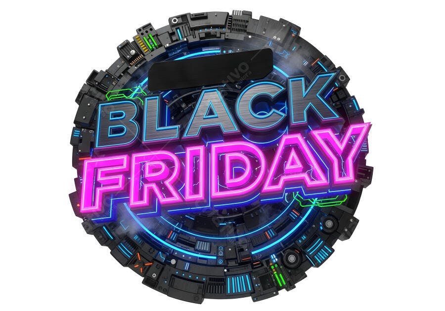 Black Friday texto 3D neon tecnologia fundo branco promocional