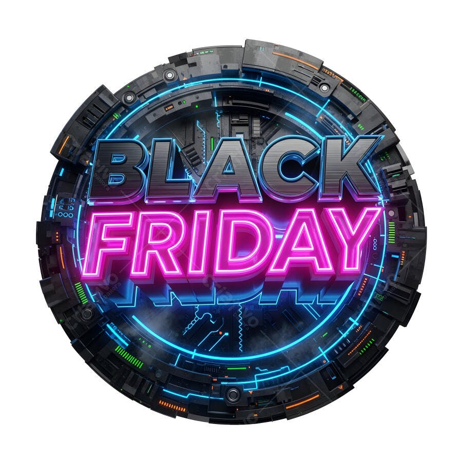 Black Friday letreiro 3D neon rosa azul cyberpunk fundo branco