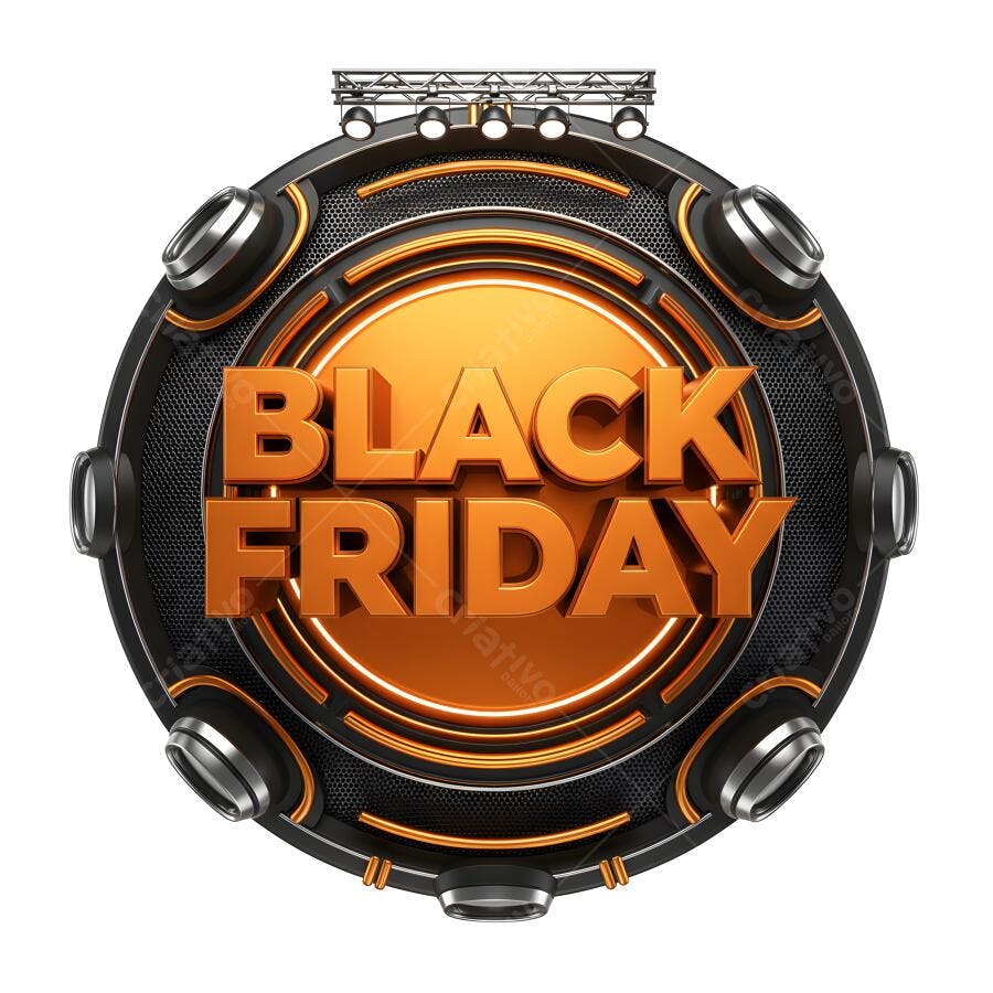 Texto 3D Black Friday laranja em ícone metálico com luzes de palco