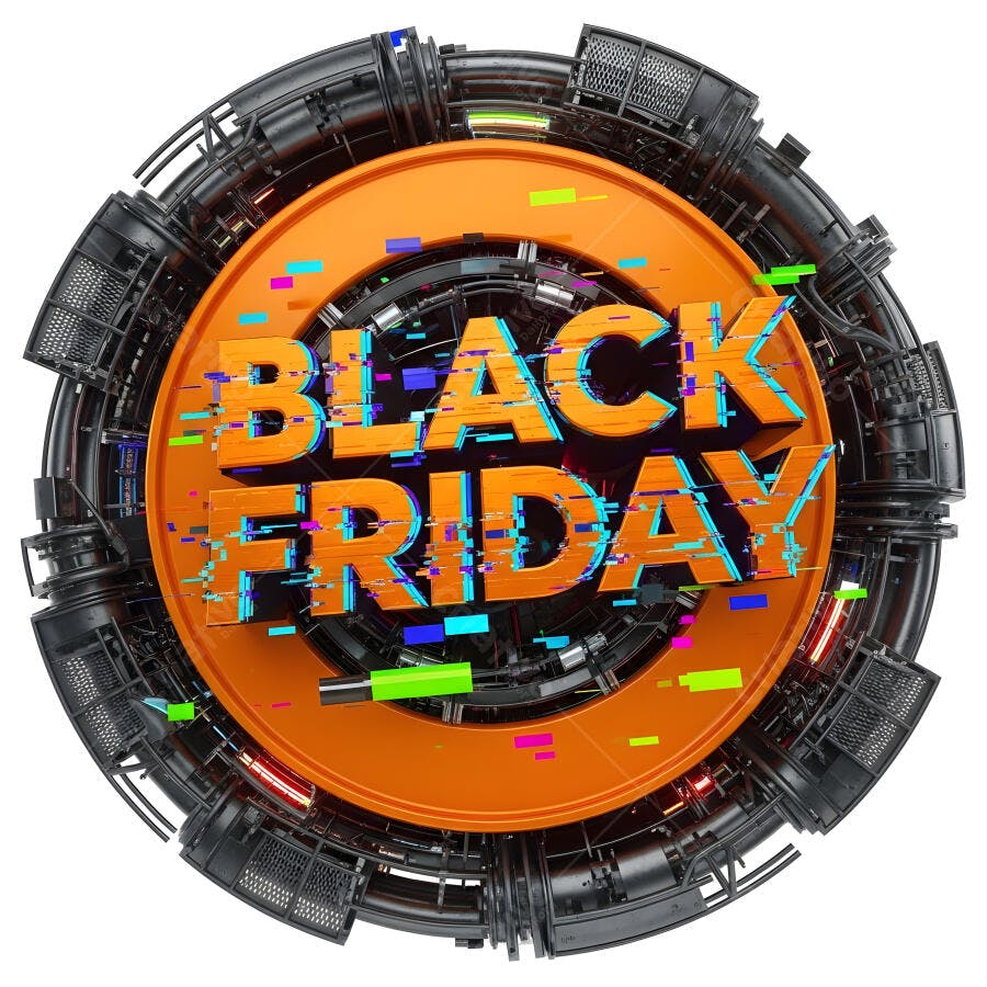 Black Friday digital com efeito glitch e elemento cibernético 3D