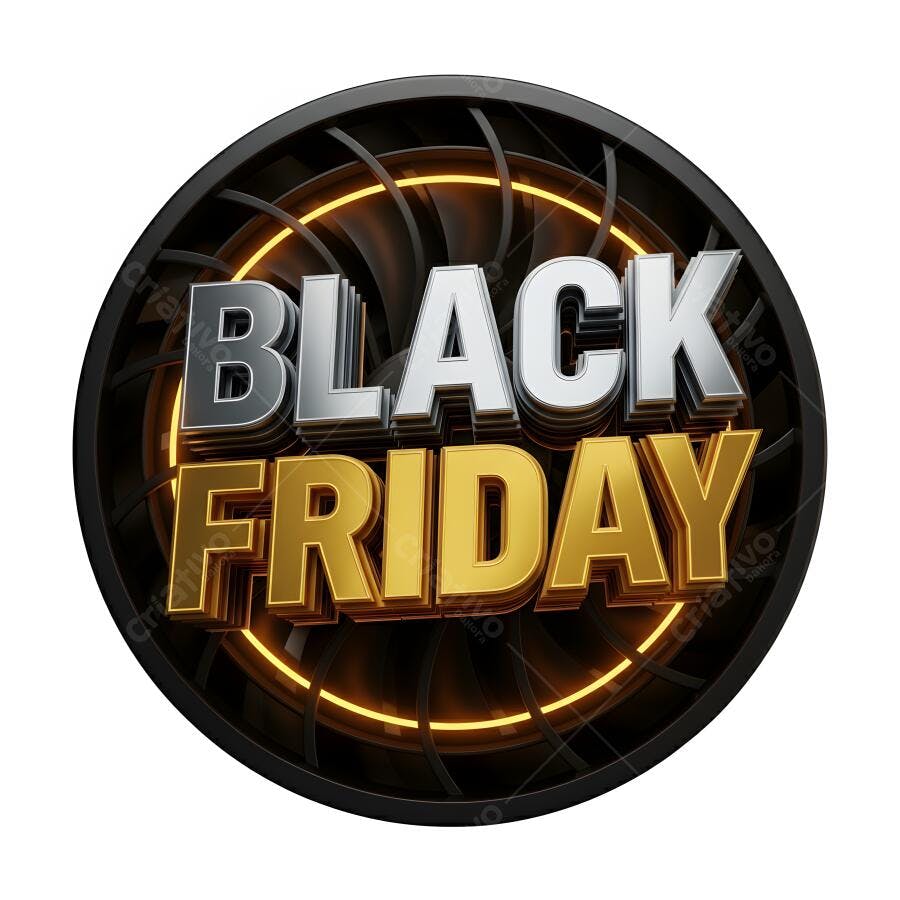 Black Friday efeito 3D letras prateadas douradas fundo escuro com luz laranja