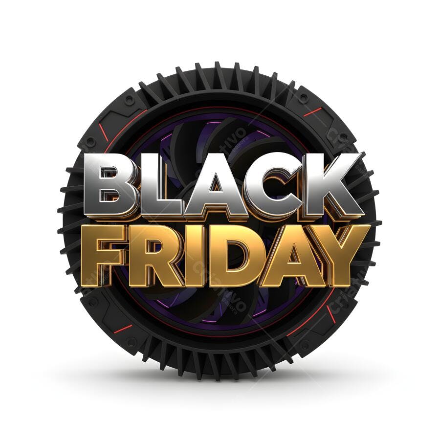 Black Friday texto 3D metálico prata e dourado em fundo preto circular promoção