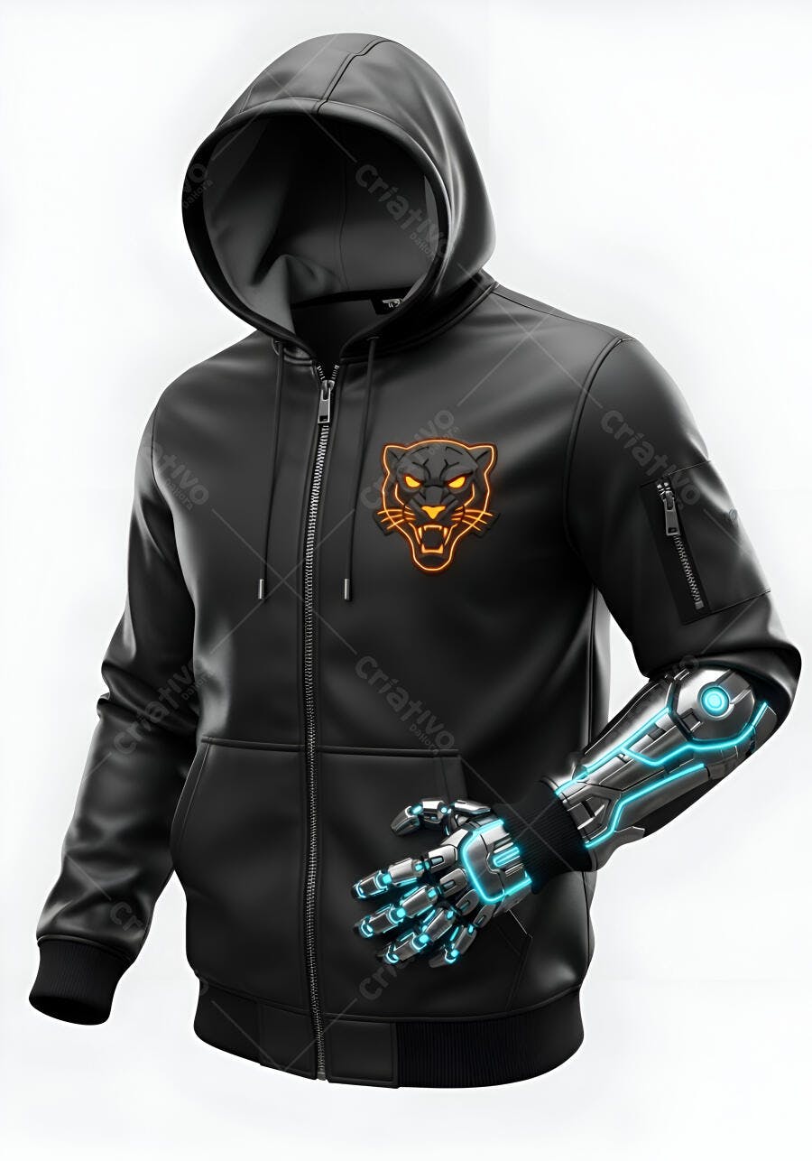 Jaqueta preta com capuz braço cibernético e logo de pantera neon