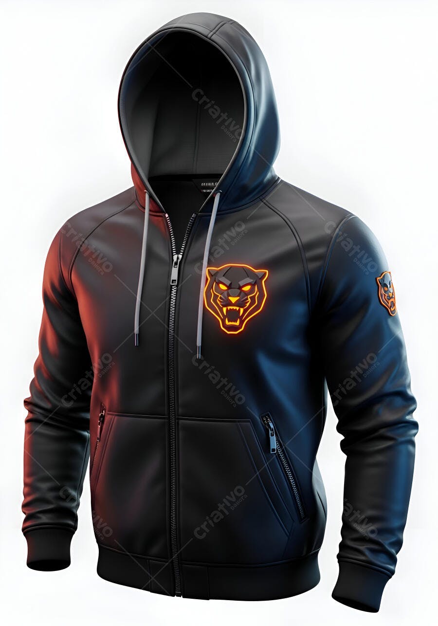 Blusão preto masculino com capuz e logo de pantera neon laranja