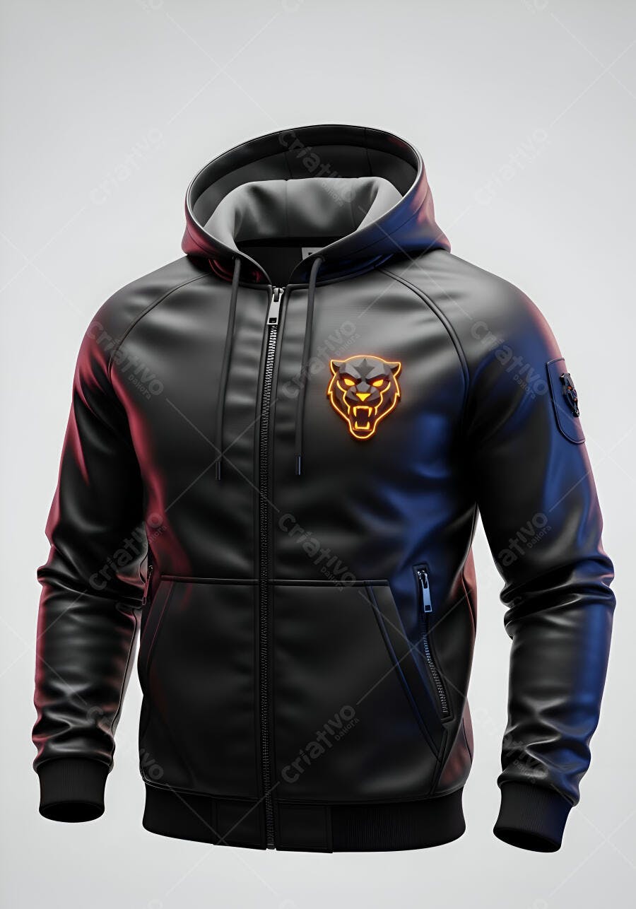 Jaqueta preta com capuz e logo de pantera laranja neon estilo urbano