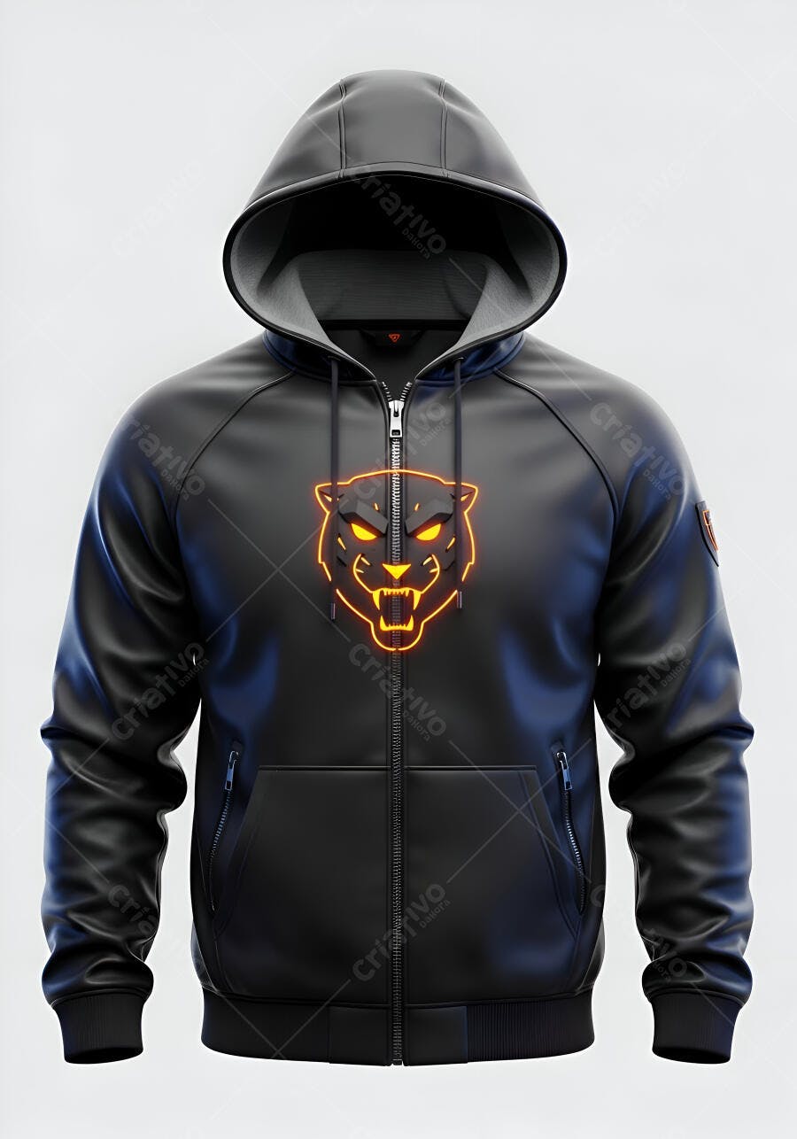 Jaqueta preta com capuz e detalhe de pantera neon laranja no peito