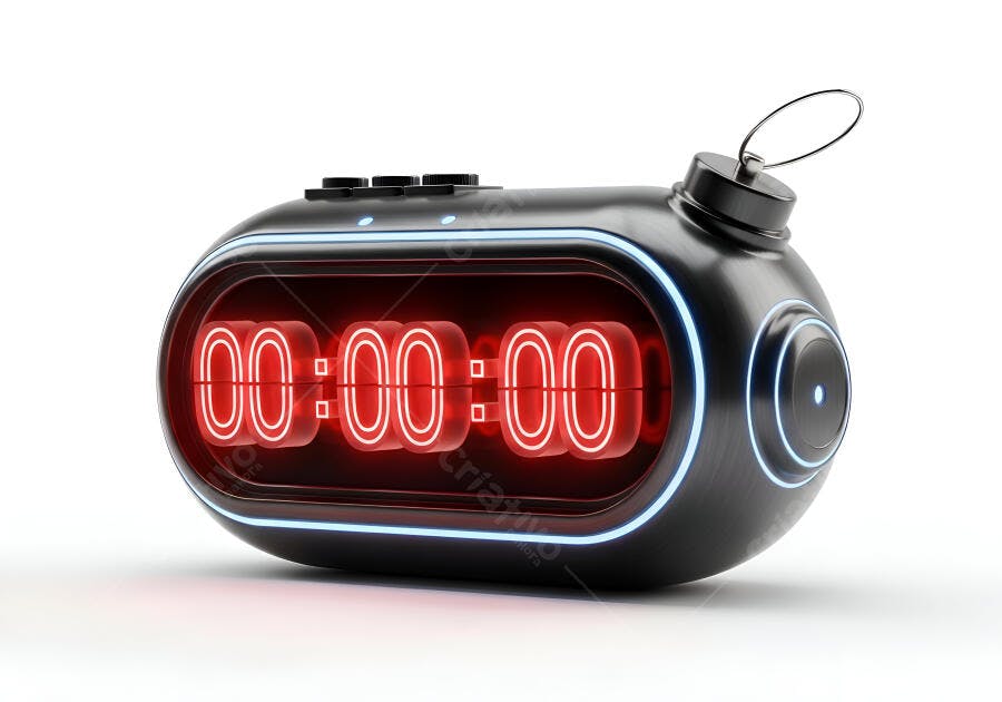 Cronômetro digital formato de bomba com números vermelhos neon em fundo branco