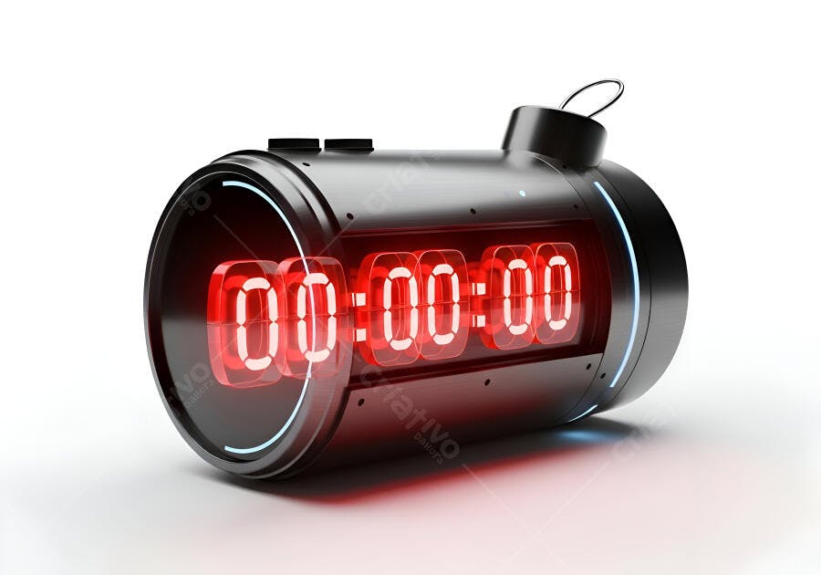 Temporizador digital preto com números vermelhos 00 00 00 no fundo branco