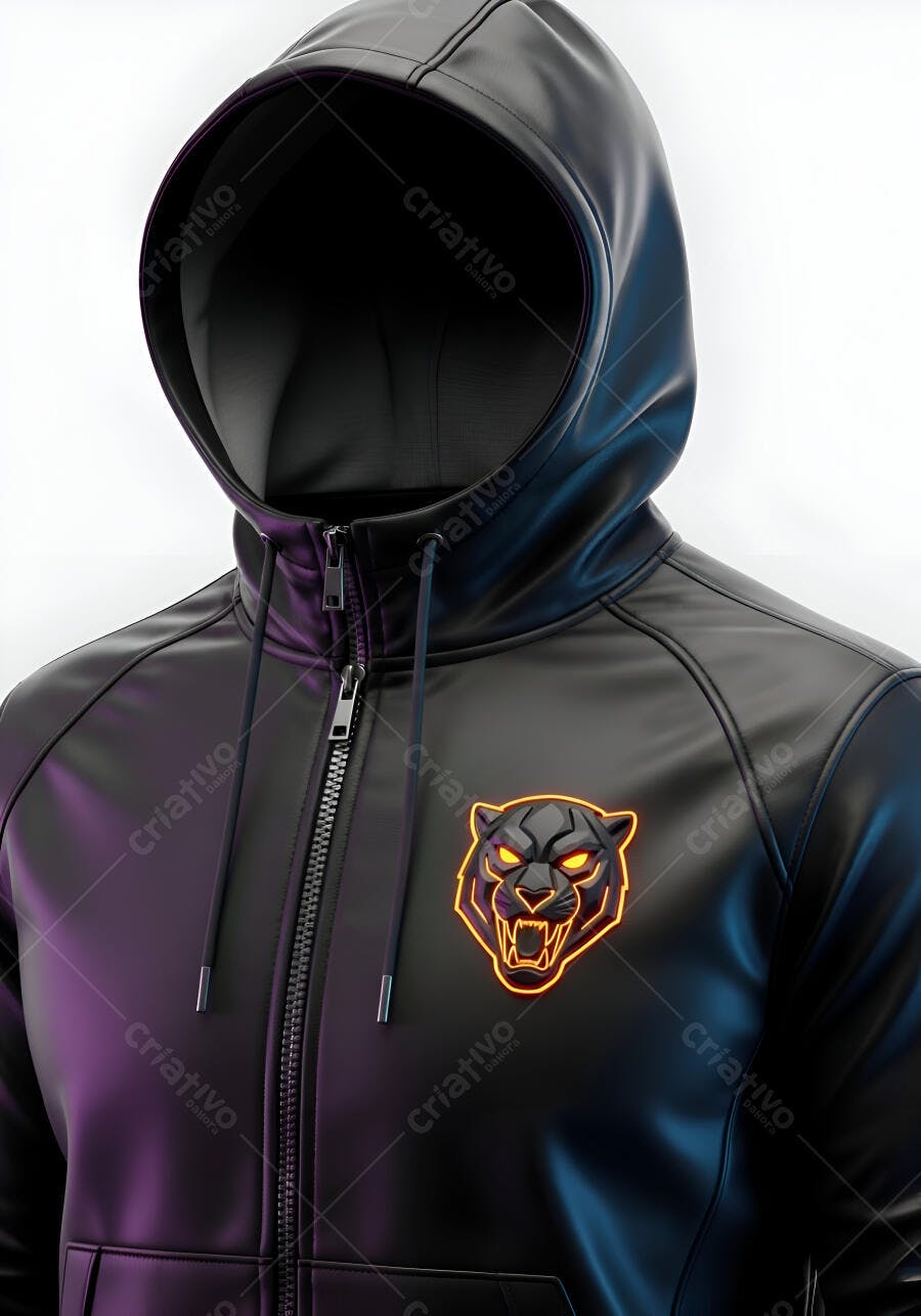 Moletom preto com capuz e logo pantera neon em estúdio