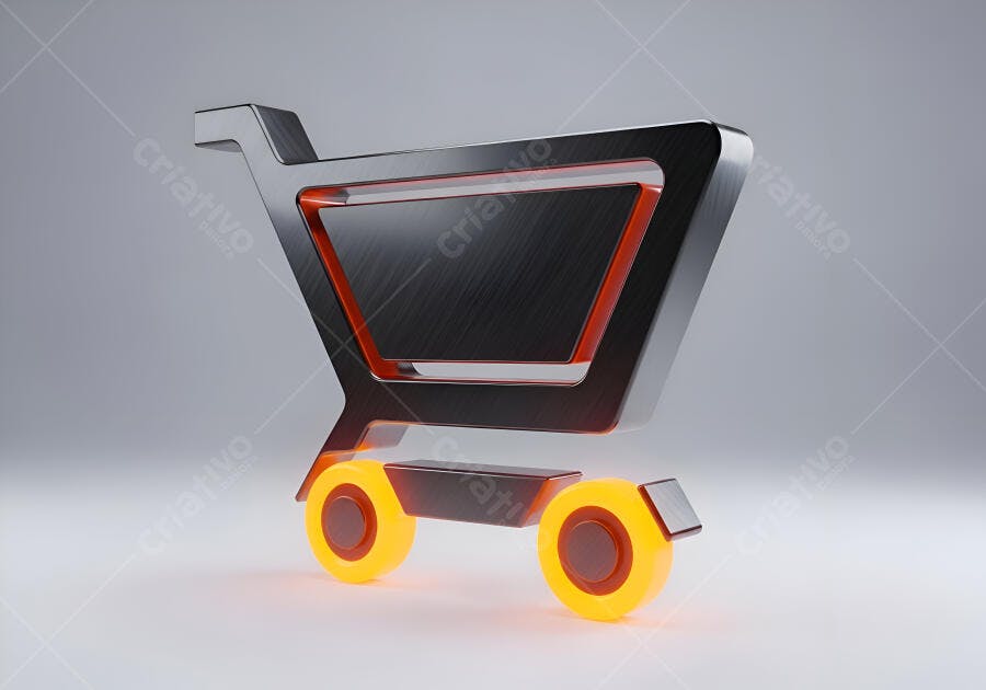 Carrinho de compras 3D metálico com rodas e detalhes laranjas brilhantes