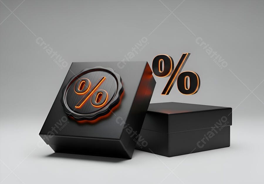 Símbolos de porcentagem 3D pretos com neon laranja para promoção