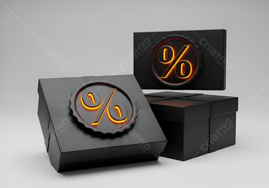 Símbolos de porcentagem laranja 3D em caixas pretas para promoção e desconto