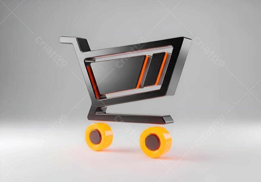 Carrinho de compras 3D preto laranja e cinza para e-commerce em fundo claro