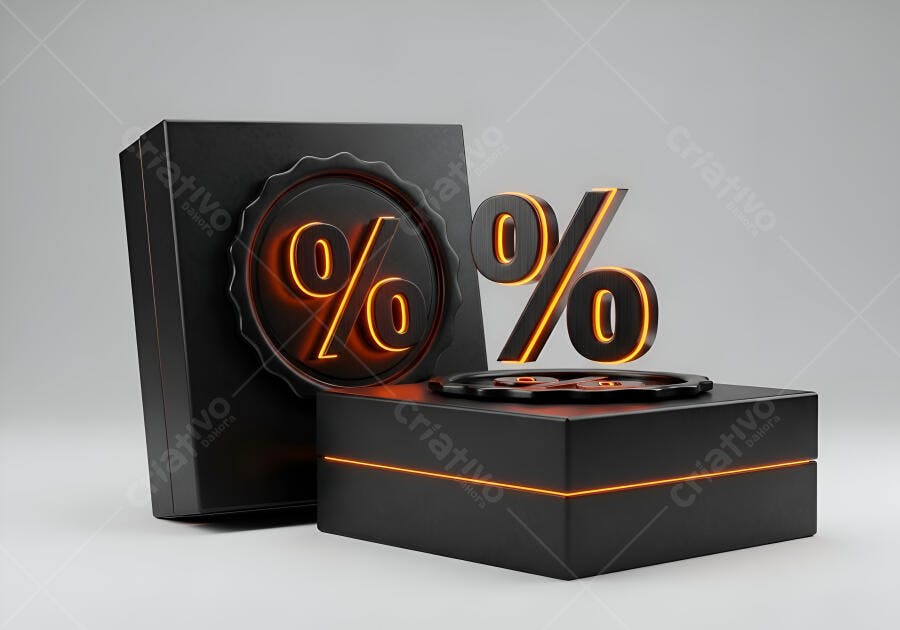 Símbolos de porcentagem pretos com neon laranja em blocos 3D para promoções