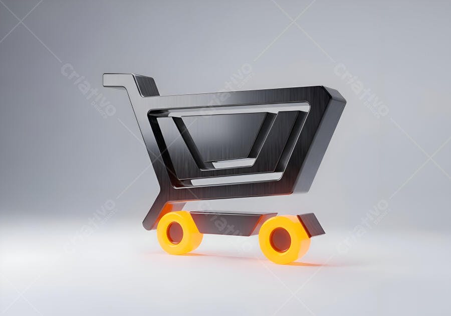 Carrinho de compras 3D moderno com rodas laranjas em fundo cinza claro