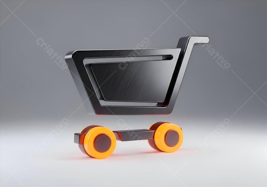 Carrinho de compras ícone 3D cinza escuro e laranja para e-commerce em fundo claro