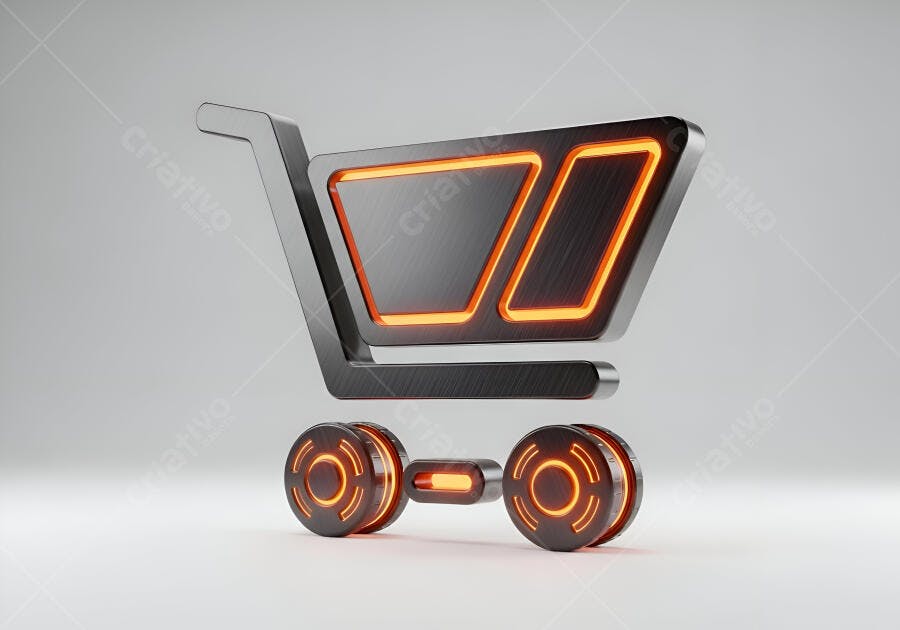 Carrinho de compras digital 3D com iluminação laranja neon