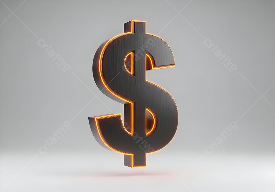 Símbolo dólar 3D escuro com contorno neon laranja em fundo cinza