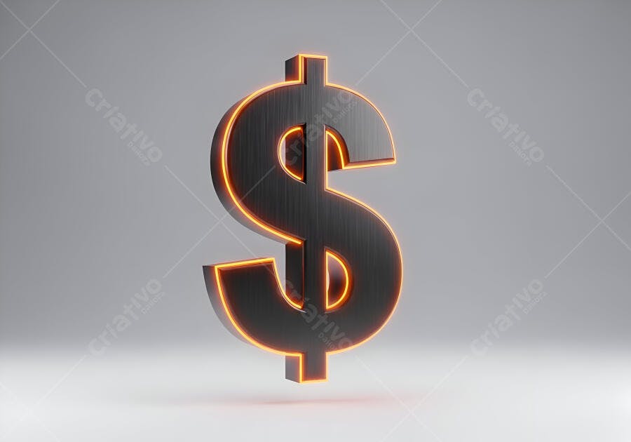 Dollar símbolo 3D preto com brilho neon laranja sobre fundo cinza