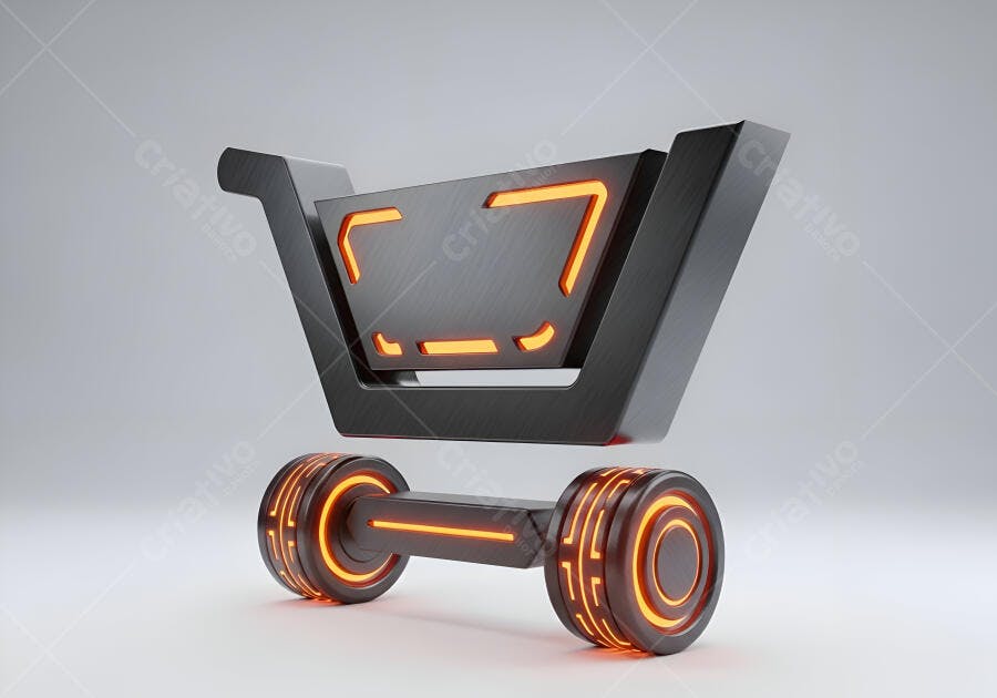 Carrinho de compras digital futurista com luzes neon laranja em 3D