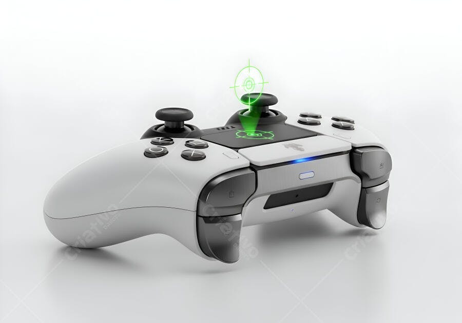 Controle de videogame branco moderno com efeito de mira verde 3D em joystick