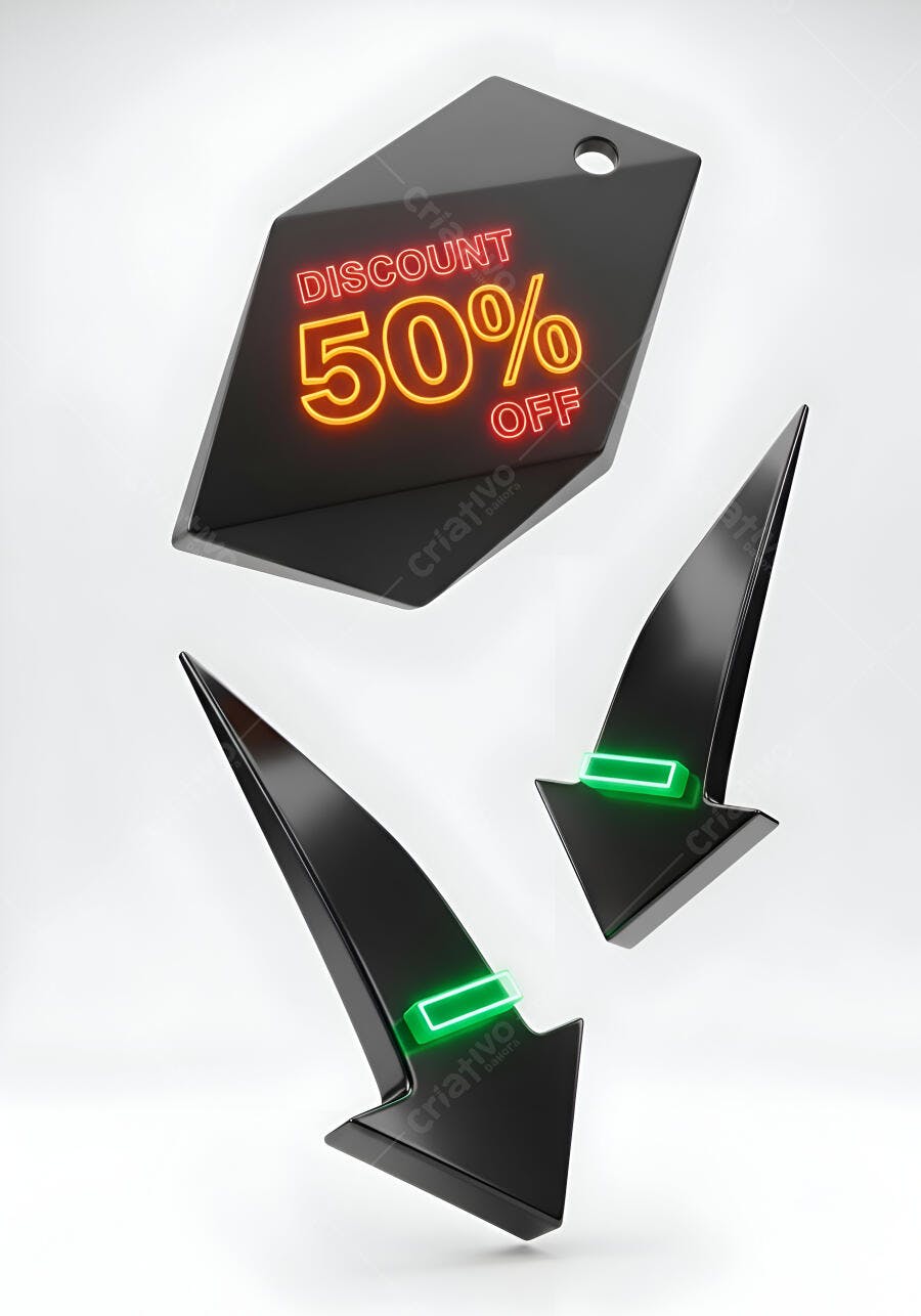 Etiqueta de desconto 50% off preta com setas neon verde brilhante