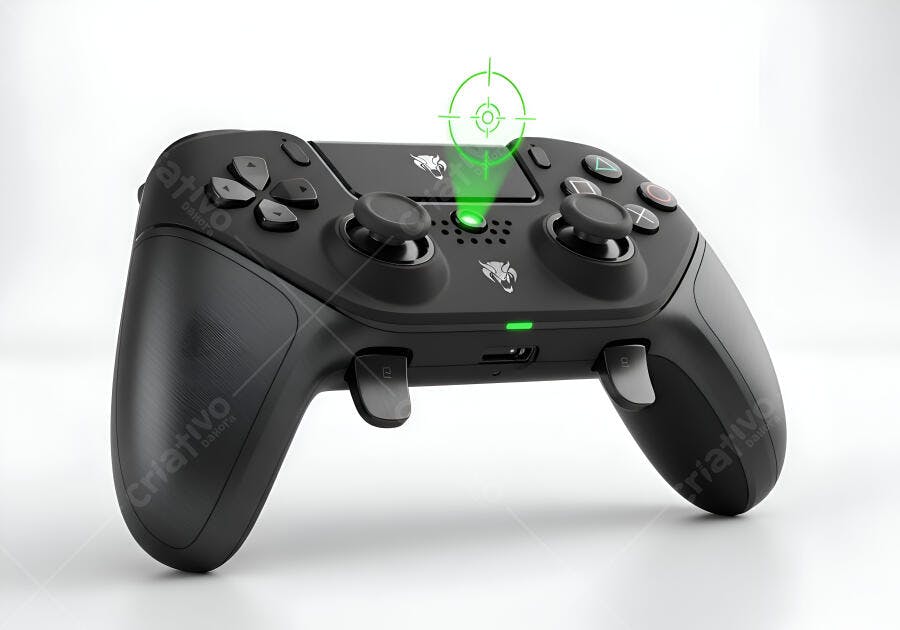 Controle de videogame preto com luz verde e mira para gamers de alta performance