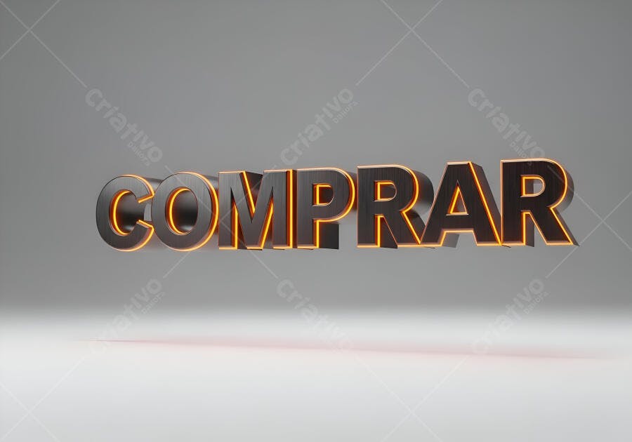 Letreiro COMPRAR 3D metálico com brilho neon laranja sobre fundo cinza minimalista
